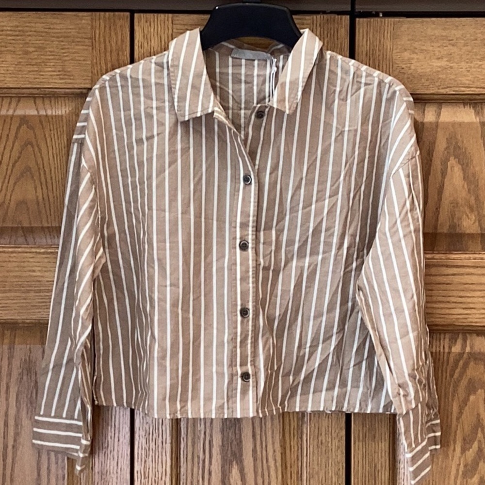 Everlane boxy cotton tan and white striped button down pajamas top. ❗️NEW. Sz SM - Picture 3 of 11